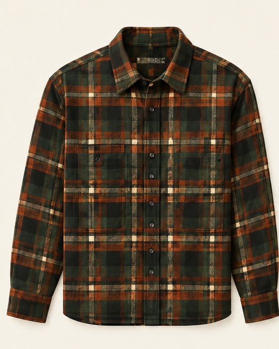 Forest and rust plaid flannel shirt, front and back